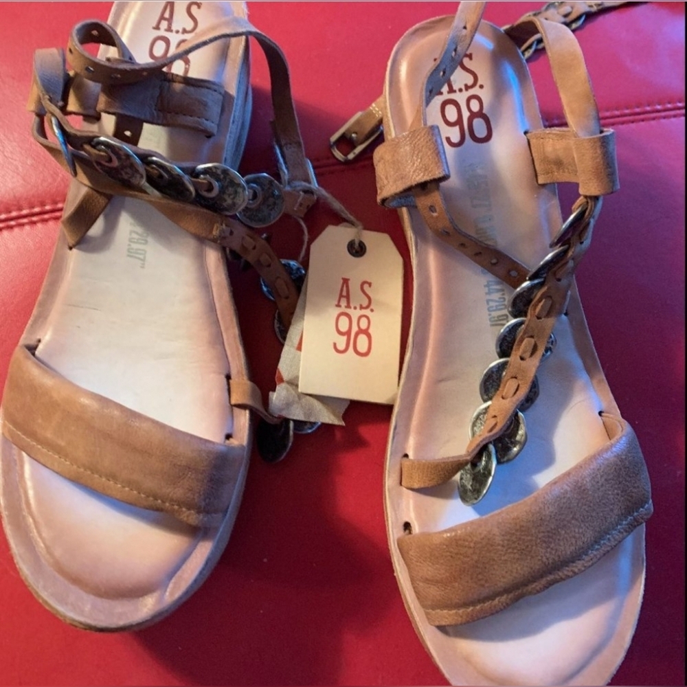 AS 98 Sandals 40 Wedge Leather Tan Sandals Boho Strap Ankle Noah